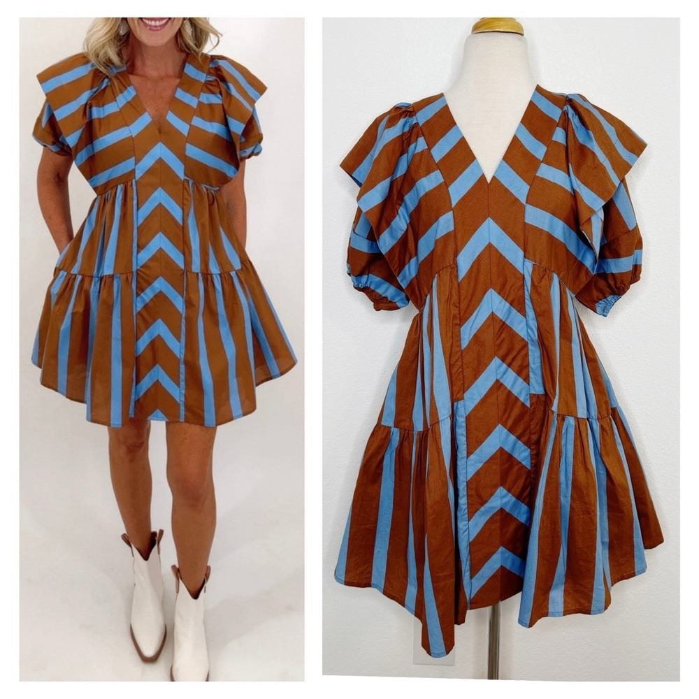Entro Womens Puff Sleeve V Neck Mini Dress Size M Brown Blue Stripe Tiered